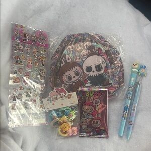 Labubu bundle, Crossbody, trading cards, pens, hair, ties, stickers nwt